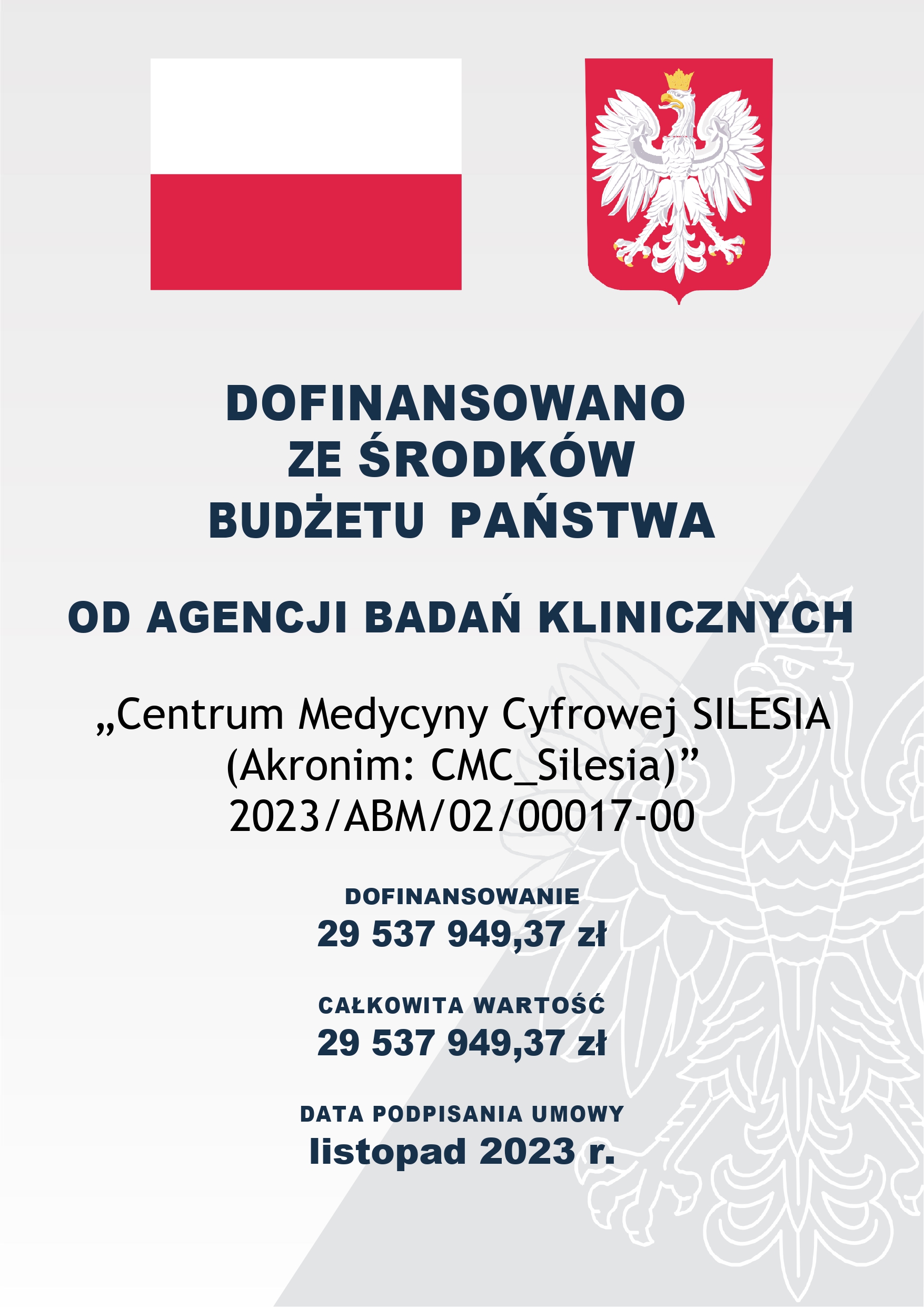 Plakat informacyjny: Dofinansowano ze środków budżetu państwa od Agencji Badań Medycznych — projekt CMC_Silesia, 2023/ABM/02/00017